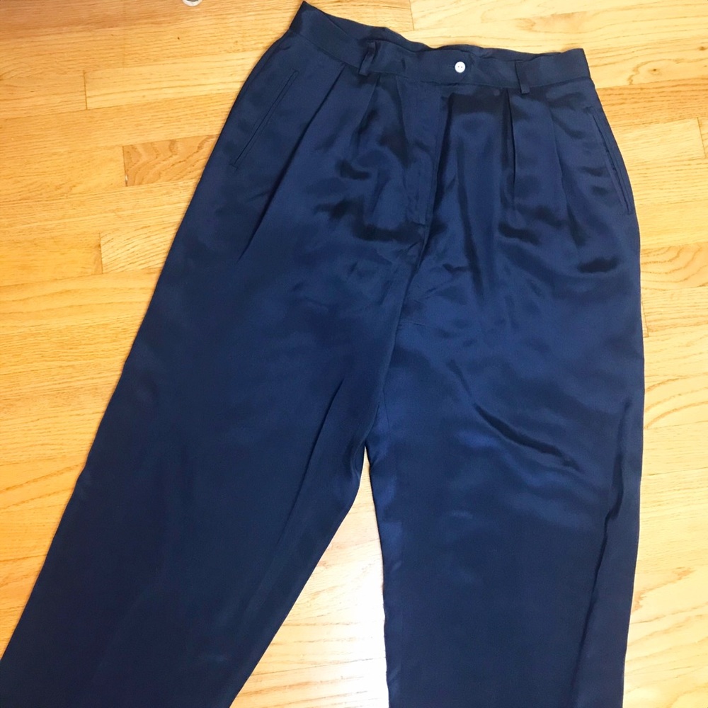 Vintage Navy Silk Wide Leg Menswear Trousers 16